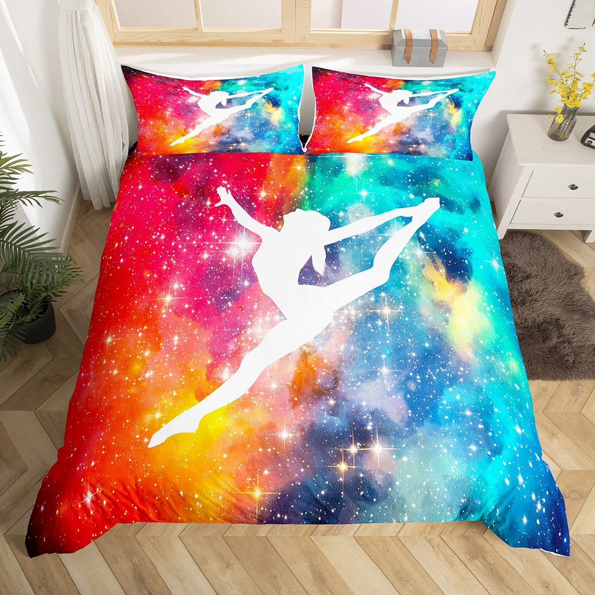 Homewish Gymnastics Lovers Duvet Cover Single Size Gymnast Sports Bedding Set Starry Sky Outer Space Comforter Cover Gymnastics Silhouette Quilt Cover Gymnast Gifts For Girls Teens Women Red Blue — image 1