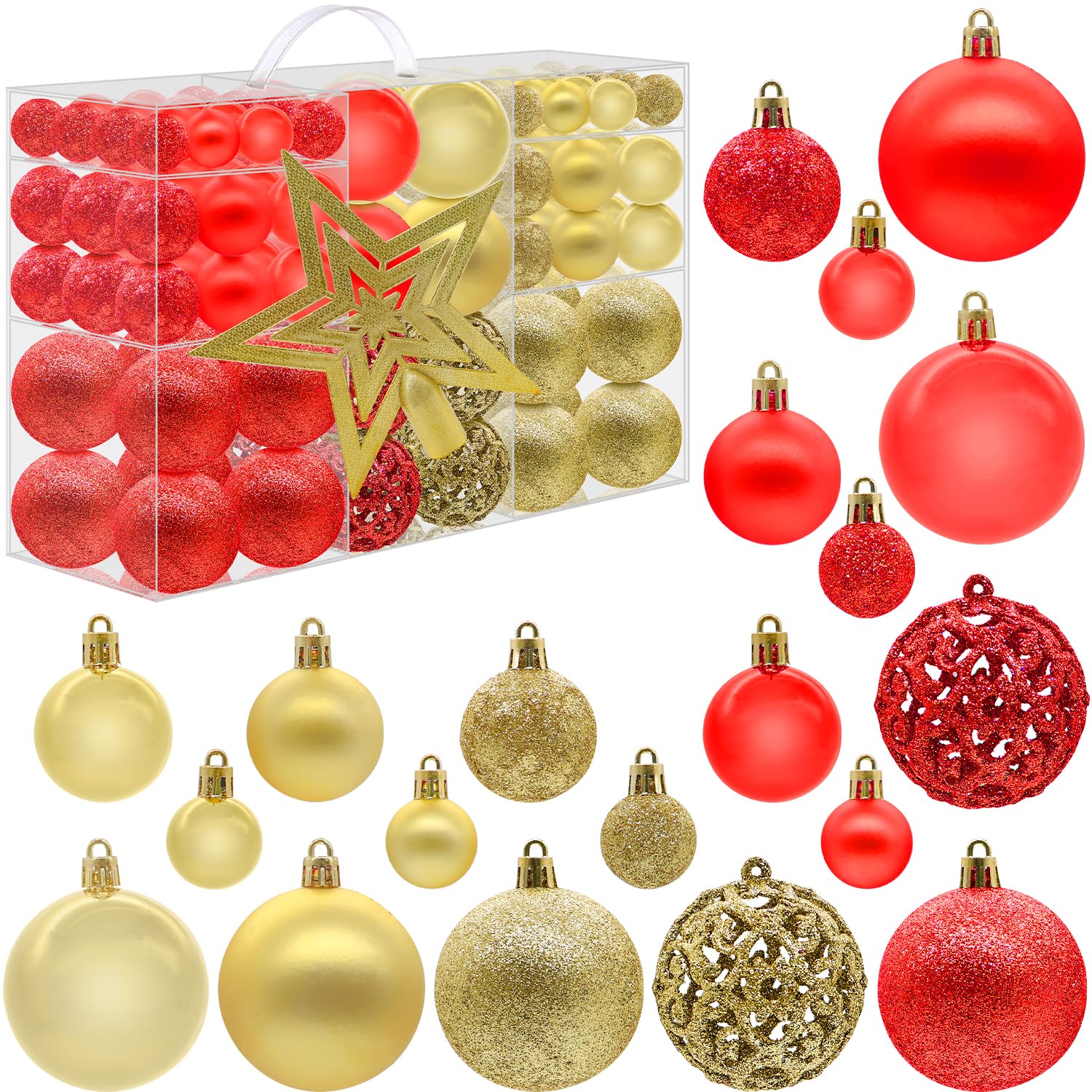 101 Pieces Christmas Ball Christmas Baubles for XmasTree Decoration 3/4/6cm Hanging Ornaments Baubles for Holiday Wreath Party, Red Gold