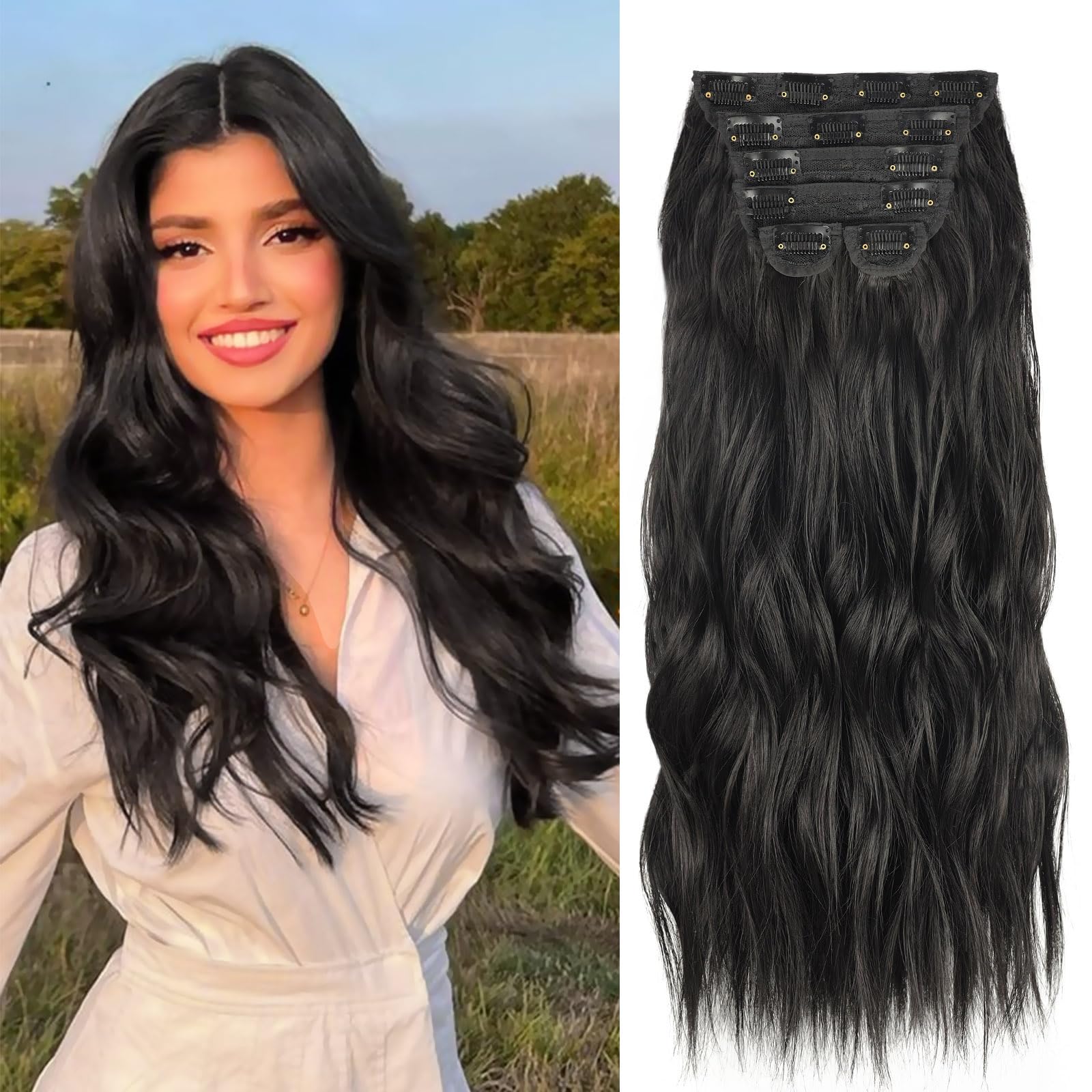BEAUTY ON LINE Clip in Hair Extensions 6PCS Long Wavy Clip in Extensions 20inch Long Double Weft Hair Piece Natural Black Synthetic Hair Extension for Women
