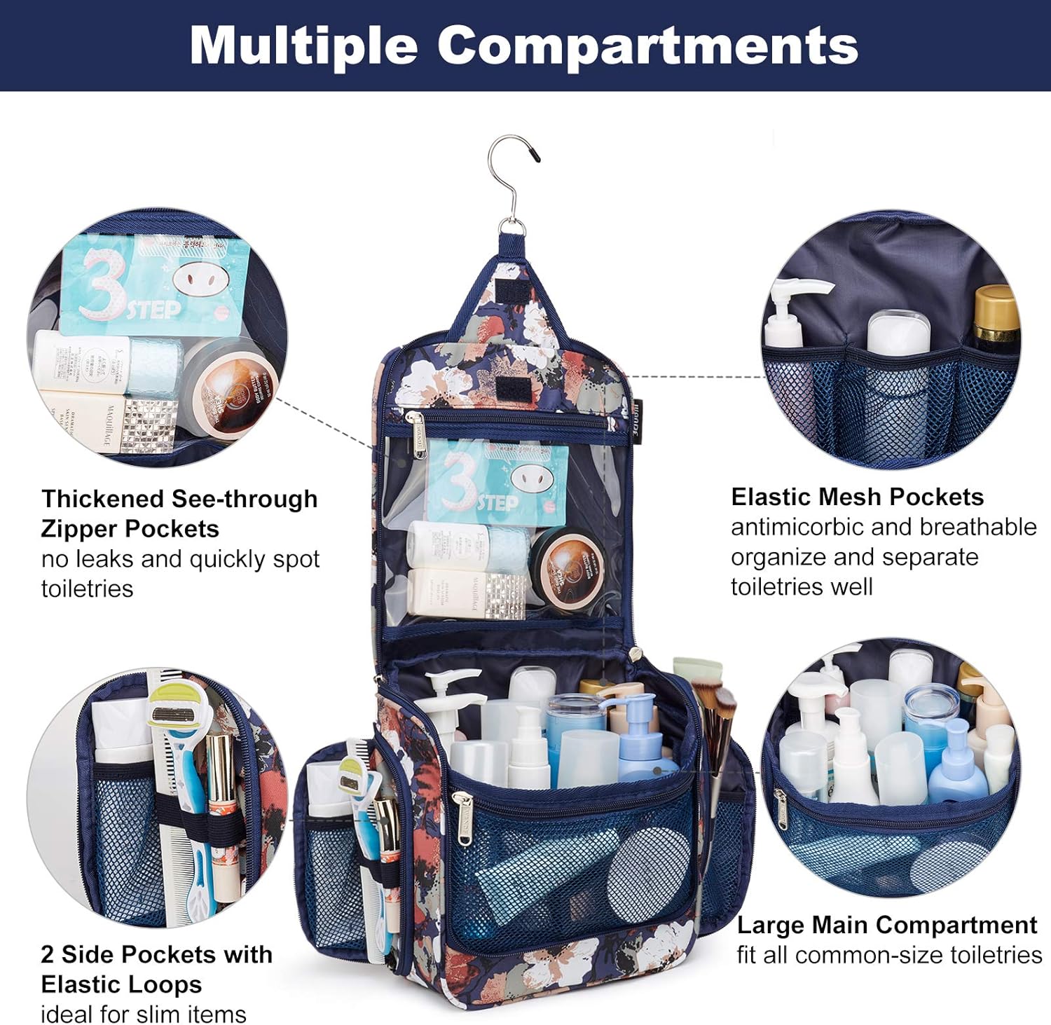 WANDF Toiletry Bag with Medicine Pocket Jewellery Bag and Clear Wet Separation Compartments Water-resistant Nylon Travel Shaving Dopp Kit Travel (Blue Flower): Clothing