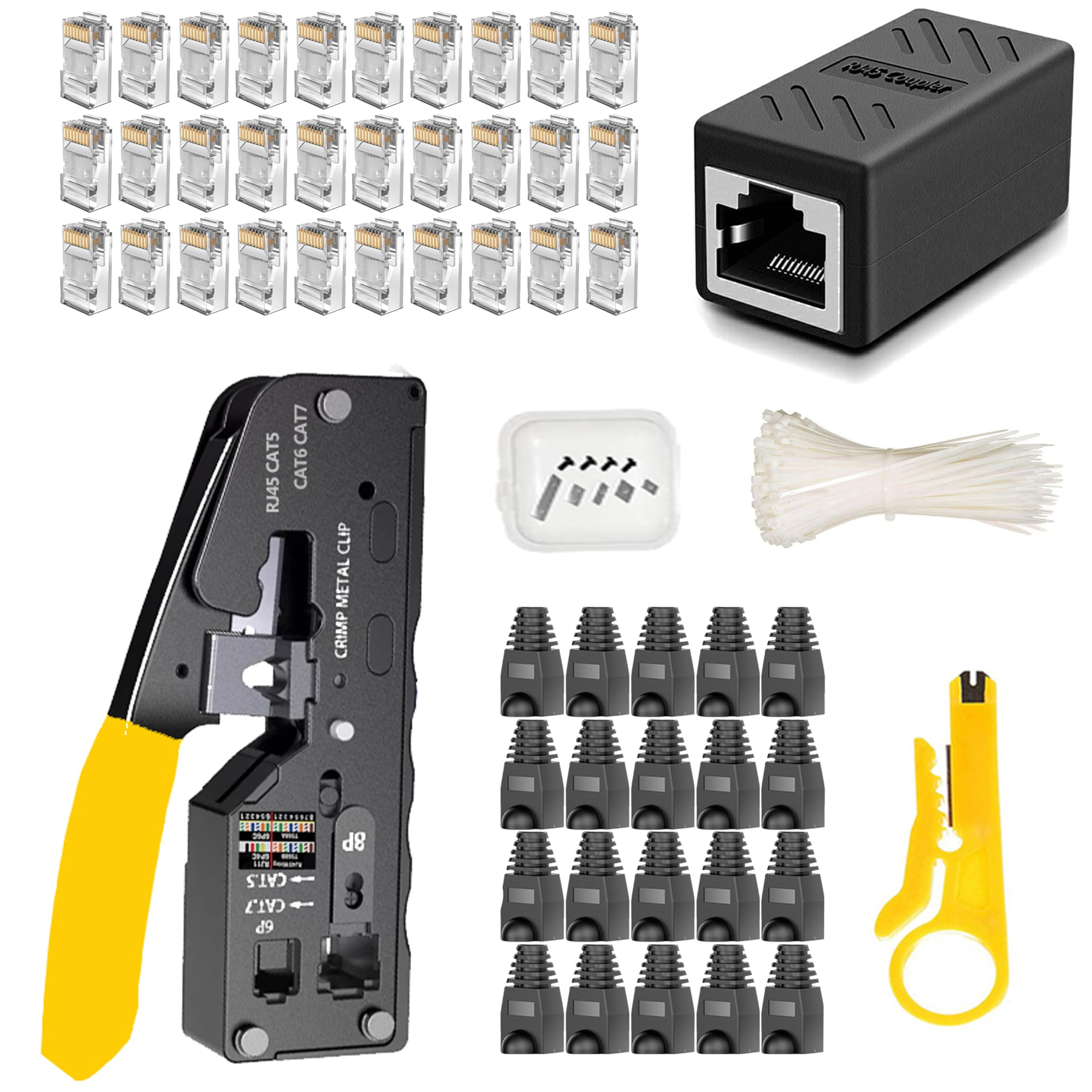 LUBEIN RJ45 Professional Network Maintenance Repair Kit Ethernet Crimper Kit CAT5 CAT6 Crimp Tool Cable Pass Through Connectors Wire Stripper Punchdown Tools(X-WX19)
