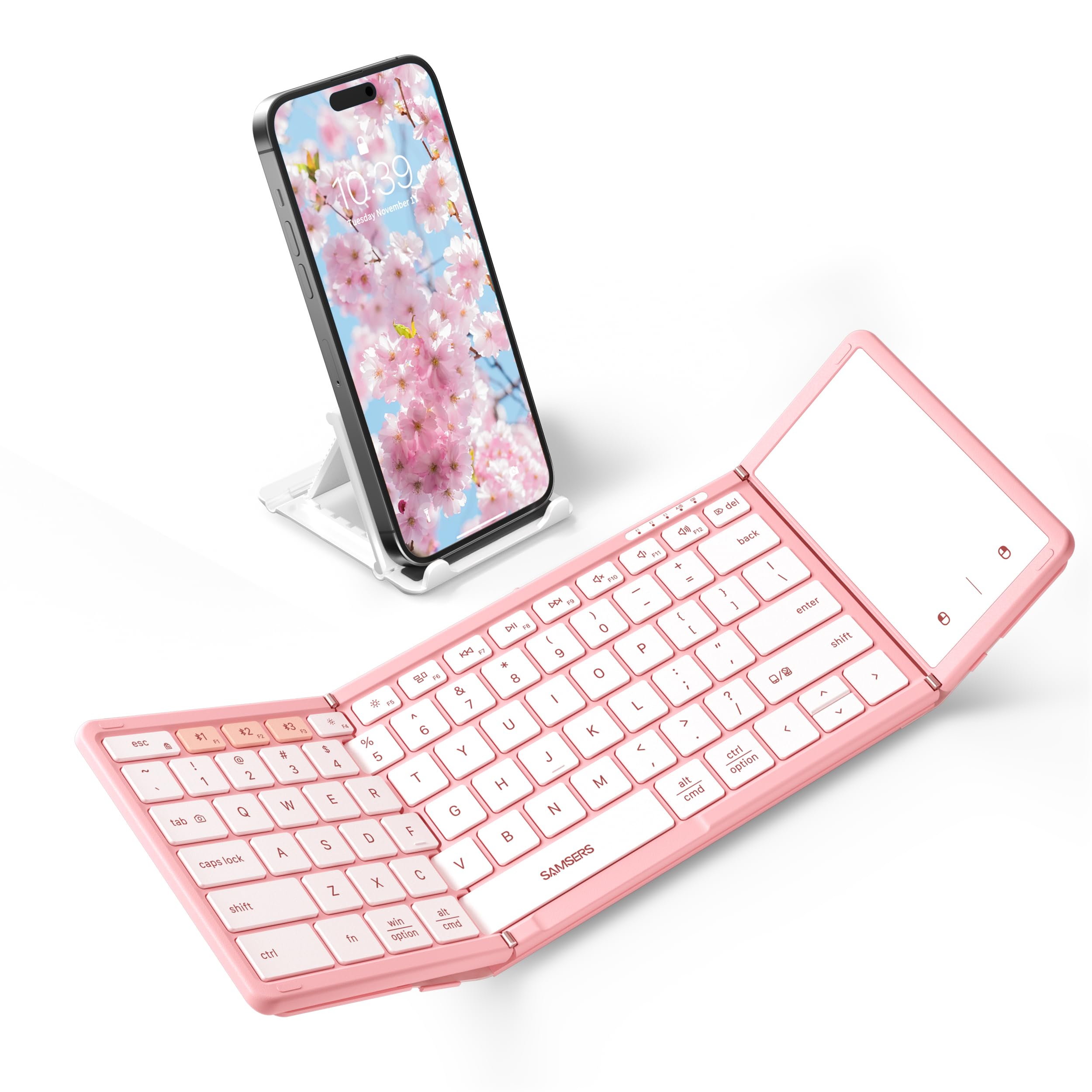 Photo 1 of Samsers Foldable Bluetooth Keyboard with Touchpad, Full-Size Wireless Portable Travel Folding Keyboard for iOS Android Windows Mac OS, Support 3 Devices (BT5.1 x 3), Pink