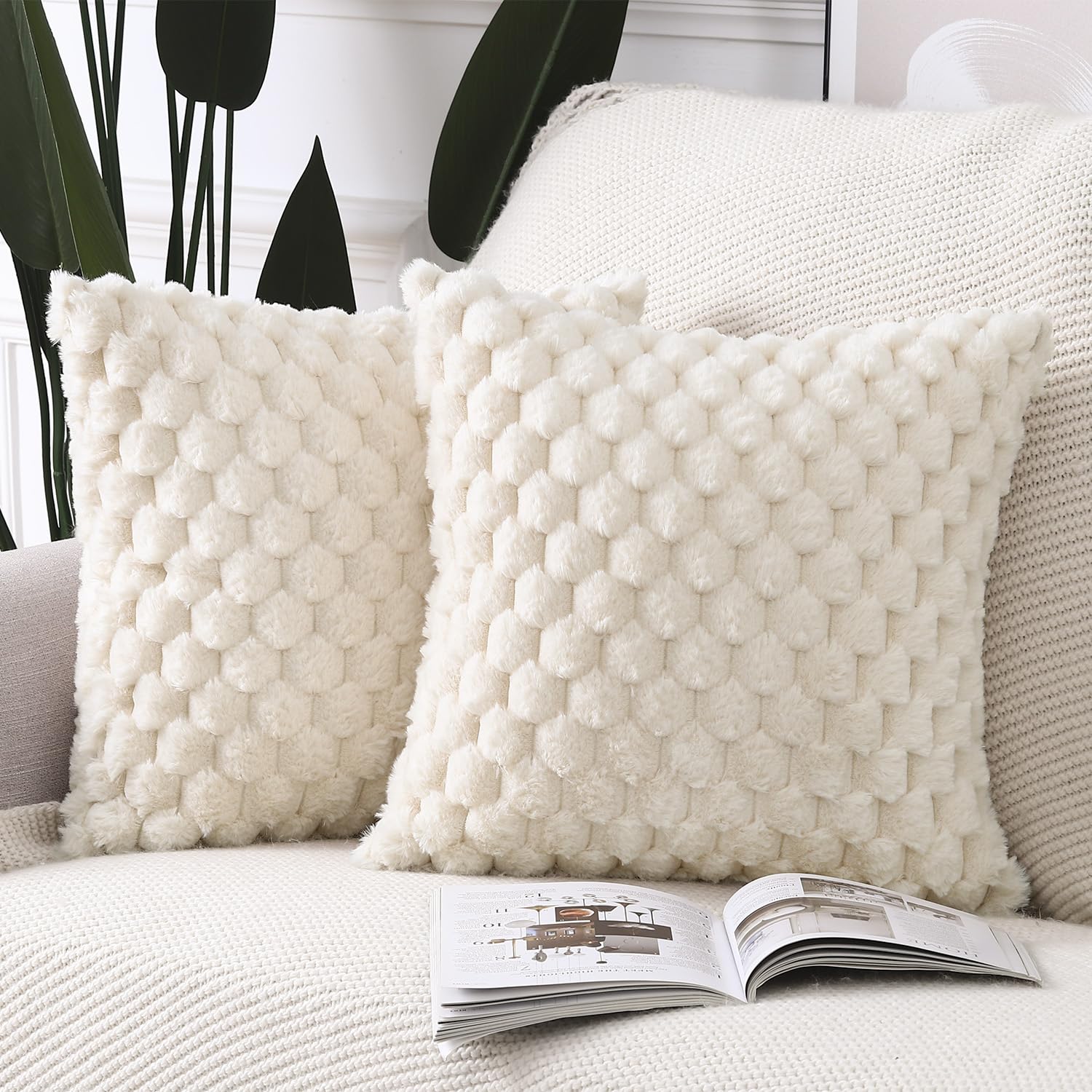 Madizz Faux Wool Beige Cushion Covers 26x26 inch, 65x65 cm, Set of 2 Super Soft Boho Throw Pillow Covers Decorative Textured Pillowcases for Sofa Bedroom — image 1