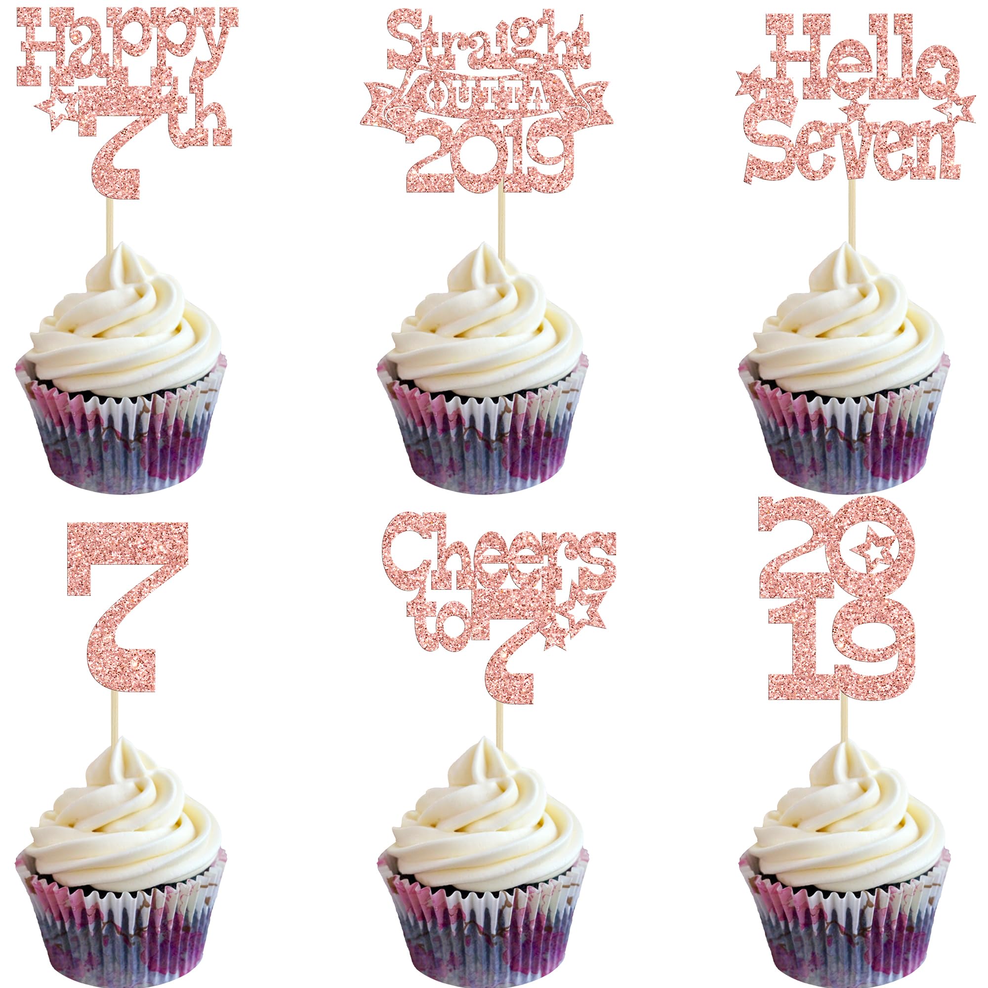 Ephlyn 30Pcs Happy 7th Birthday Cupcake Toppers Glitter Hello Seven Straight Outta 2019 Cupcake Picks Cheers to 7 Years Cake Decorations for 7th Birthday Party Supplies Rose Gold