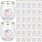 Sliner 32 Pcs Christmas Stemless Wine Glasses 12 oz Clear Plastic Wine Glasses Bulk Santa Claus Gold Rim Funny Drinking Set for Women Man Family Friends Christmas