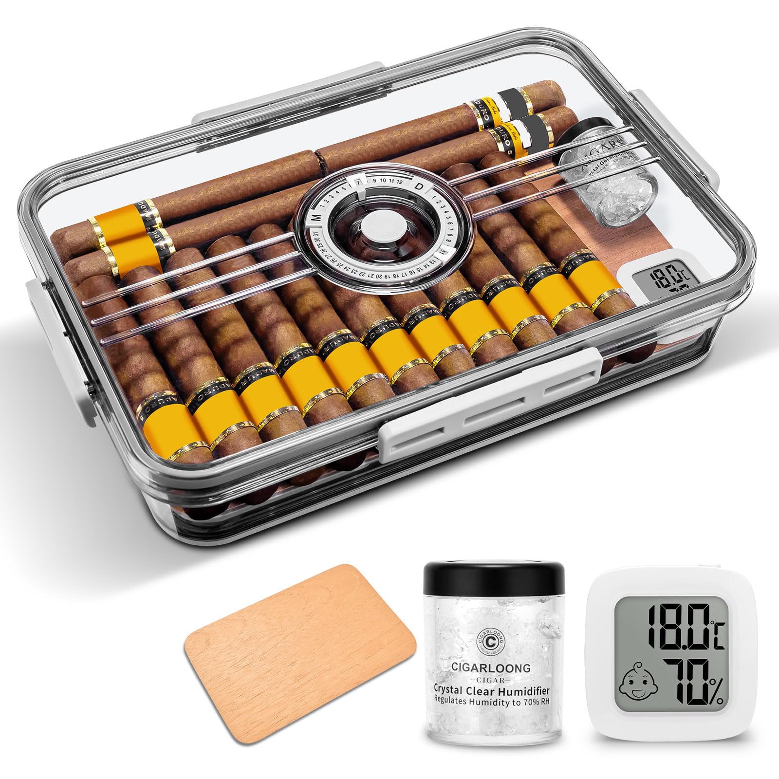 CLZOONG Cigar Humidor Jar/Case/Box Clear with Hygrometer,Humidifier&Cedar Wood Slice, Acrylic Cigar Humidor Portable Airtight Can Hold About 20-30 Cigars (S)