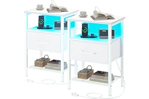 TRIFEBLE Night Stand Set 2, End Table with Charging Station, LED Bedside Table with Fabric Drawer for Bedroom, 3-Tier Side Table with Open Shelf, White