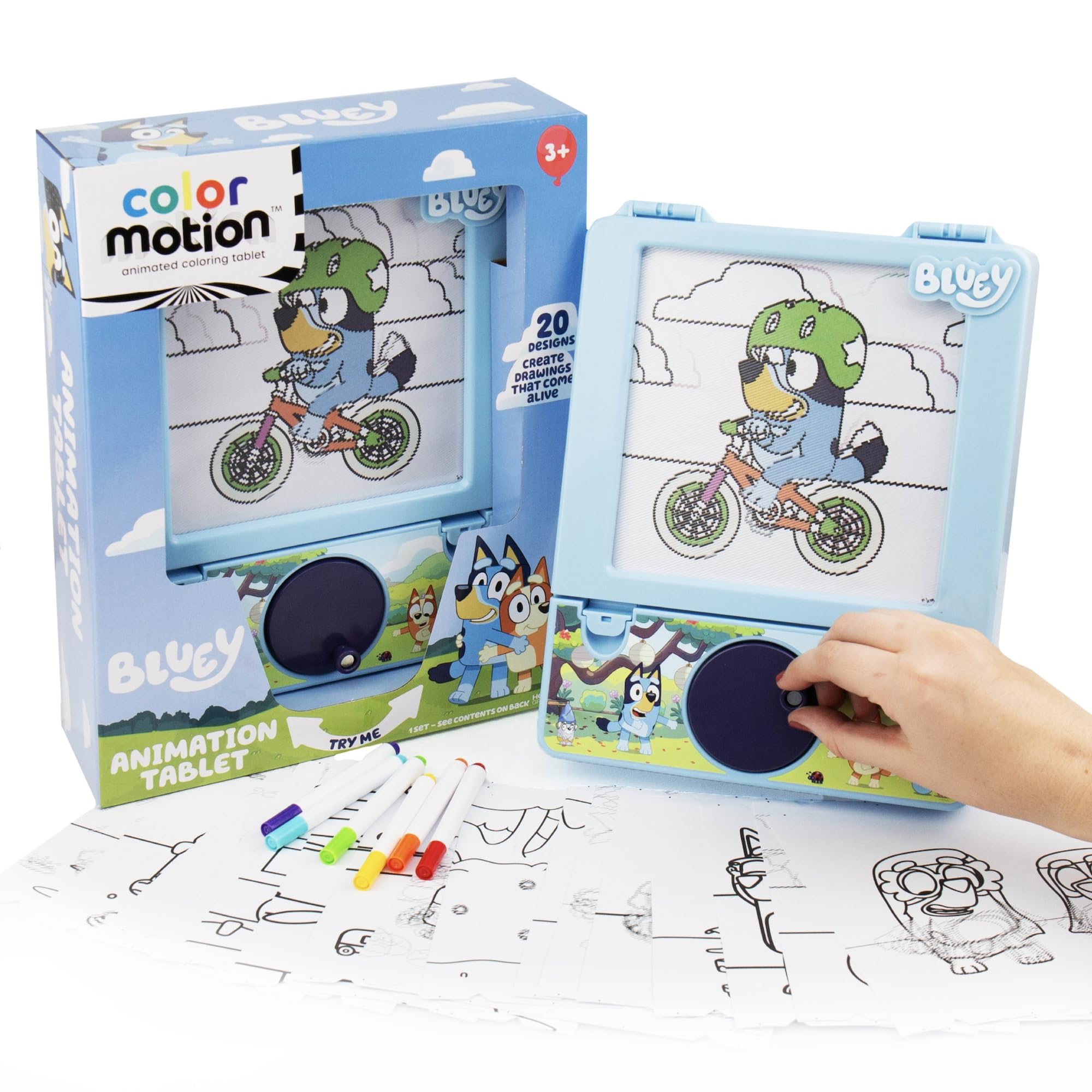 Bluey Motion Animation Tablet - Turn Drawings into Bluey with 20 Design Inserts, Coloring Markers, Drawing Pad, 8"W x 8.5"H