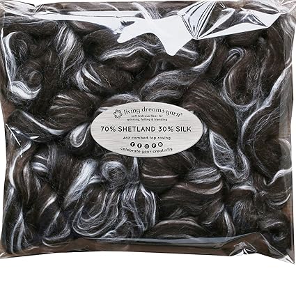Shetland Wool Tussah Silk Combed Top Roving for Spinning, Felting, Blending. Soft & Lofty Fiber Blend, Natural Black
