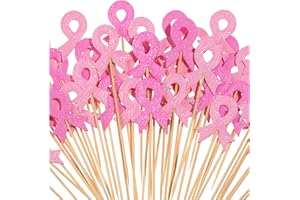 GANDEER 100 Pcs Breast Cancer Awareness Cupcake Toppers Double Sided Glitter Rose Red Pink Ribbon Breast Cancer Decorations for Party Believe Hope Ribbon Cupcake Picks Party Cake Decorations Supplies