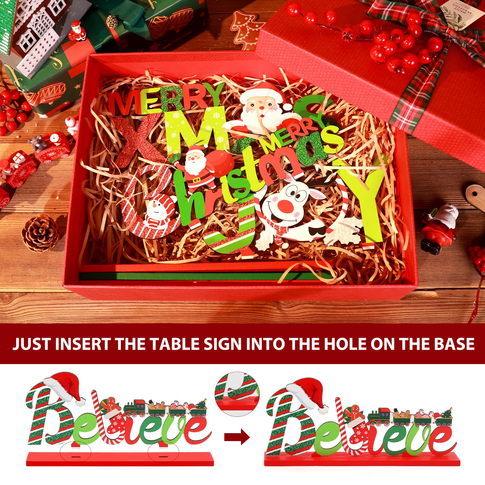 Hommtina 6 Pcs Christmas Table Decorations, Merry Christmas Tabletop Wooden Sign Indoor Christmas Decorations for Dinner Party Coffee Table