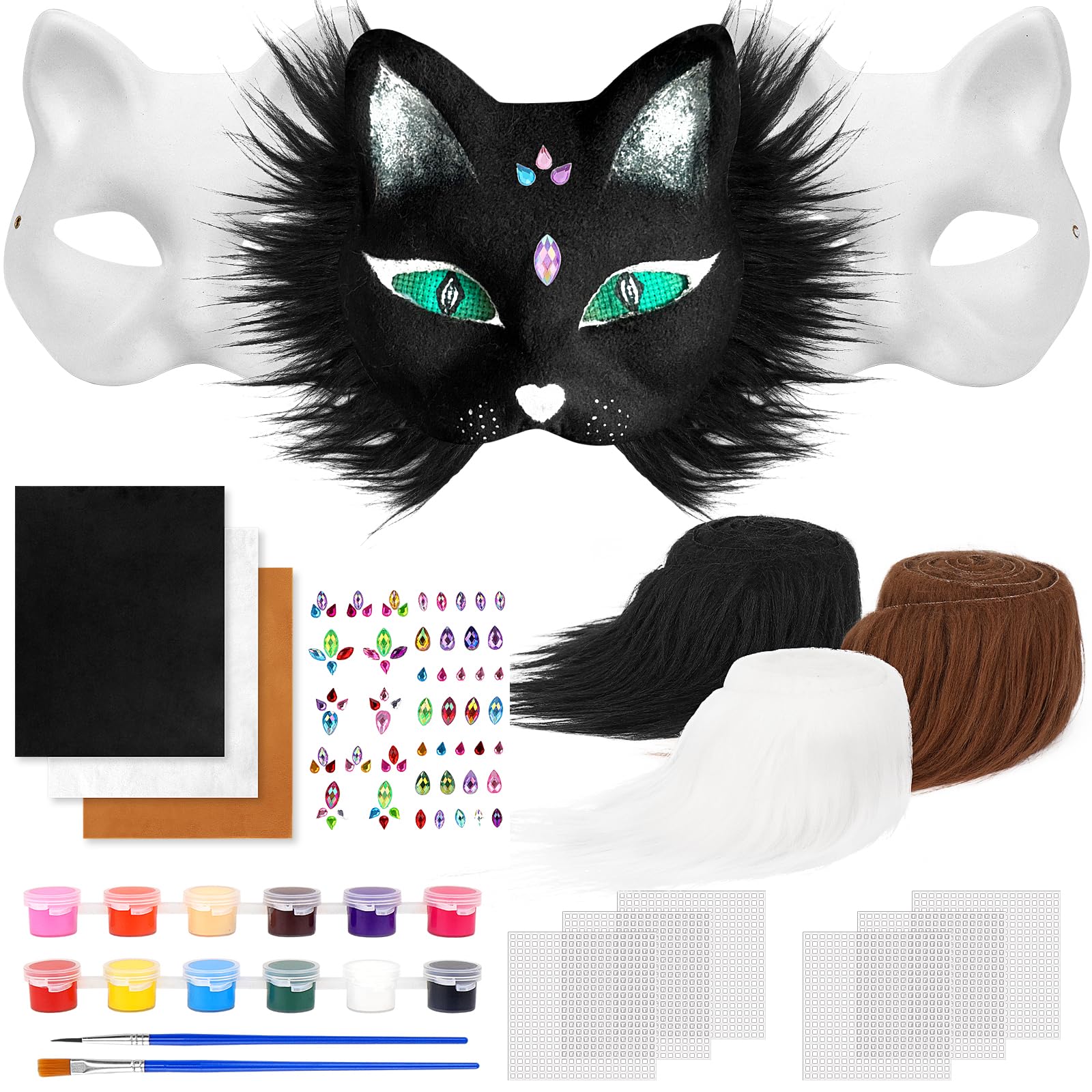 Dreamtop 20 Pcs Therian Mask Set Cat Masks To Decorate Include Blank Cat Mask Felt Fabric Sheet Plush Faux Fur Eye Plastic Mesh Sheet Diamon Sticker Brushes and Paints for Cosplay Halloween