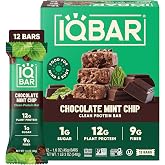 IQBAR Clean High Protein Bars, Low Sugar Snack, Chocolate Mint Chip 12ct | 12g Plant Protein, 9g Fiber, 1g Sugar | GLP-1 &amp; Keto Friendly | Vegan, Gluten Free, Dairy Free, Non-GMO, Kosher