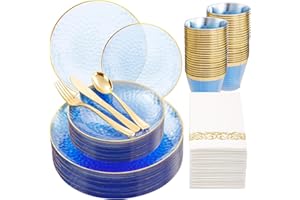 Rubtlamp 175 Pcs Plastic Dinnerware Set (25 Guests), Blue Disposable Plates With Gold Rim, Hammered Party Plates Set Include Dinner Platos, Dessert Platos, Cups, Cutlery And Napkins for Party