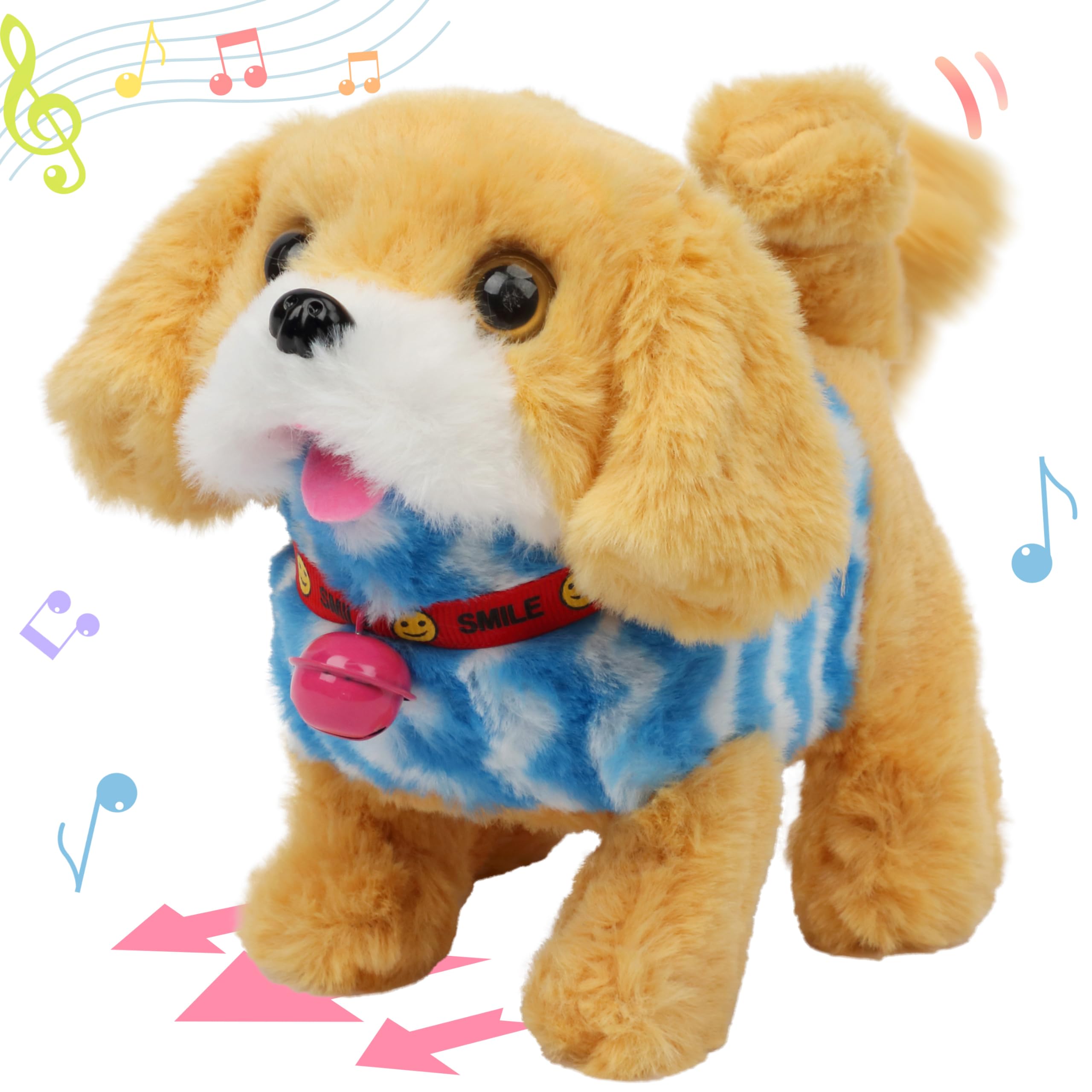 Photo 1 of Hopearl Walking Dog Golden Retriever in Blue Vest Interactive Electronic Pet Plush Toy Puppy Woof and Moving Animated Nodding Head Gift for Toddlers Birthday, Brown, 7''