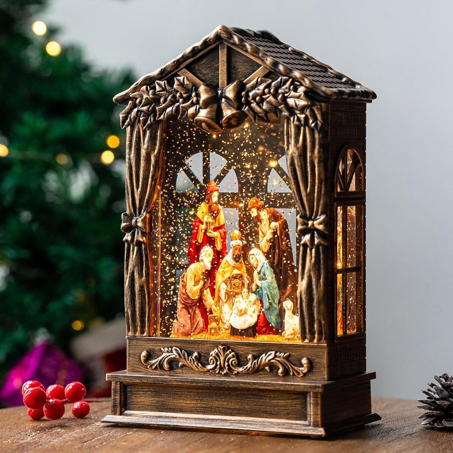 Snow Globes - Christmas Snow Globe Lighted Manger Nativity Scene, Musical Window Water Lantern Play Silent Night Music in Swirling Glitter, Holiday Decorations Gifts for Family, Children or Friends