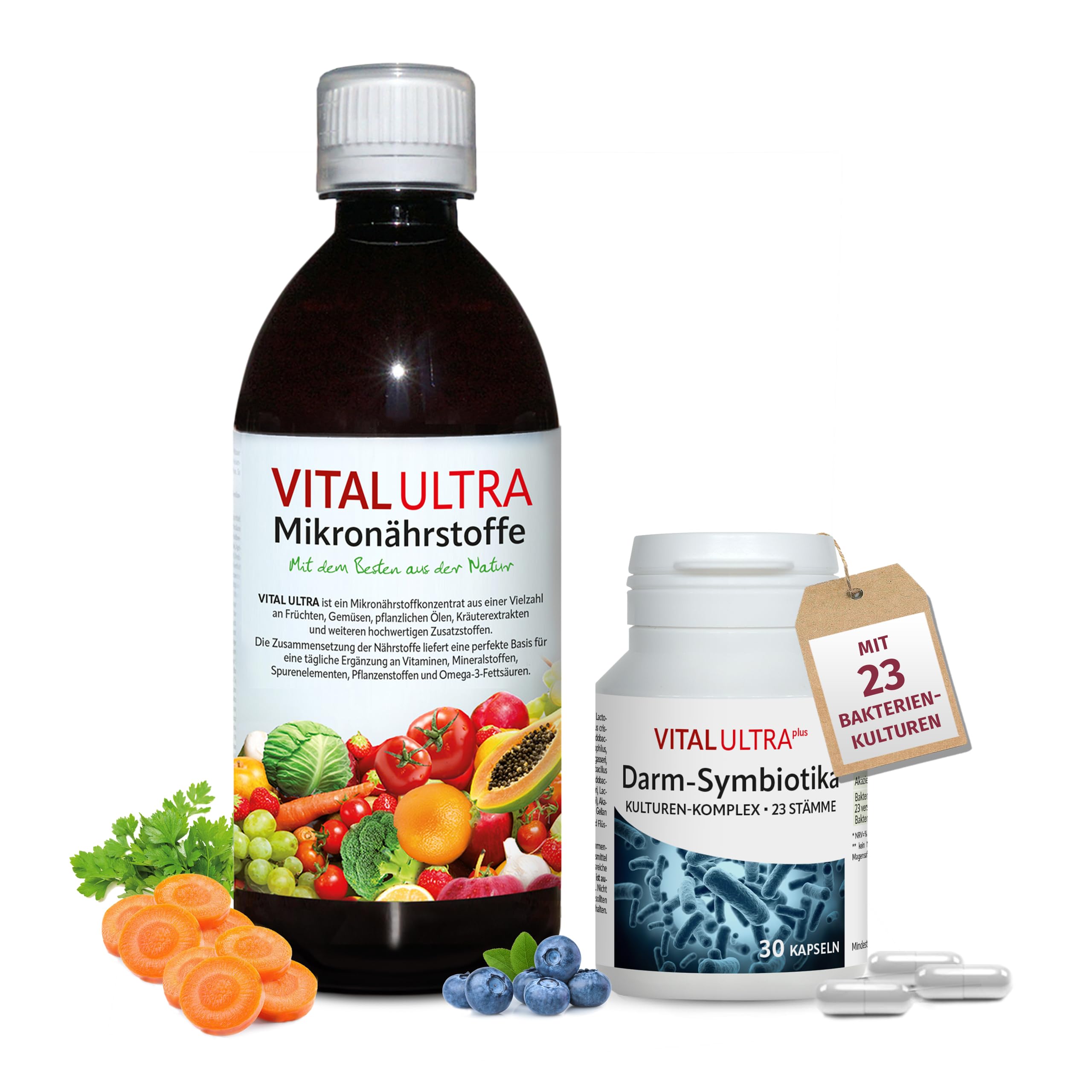 Vital Ultra – 480 ml Mikronährstoffkonzentrat & 30 vegane Kapseln Darm-Symbiotika – Vitamine, Mineralien, Spurenelemente & 23 Bakterienkulturen – hochdosiert 10 Milliarden Keime je Kapsel