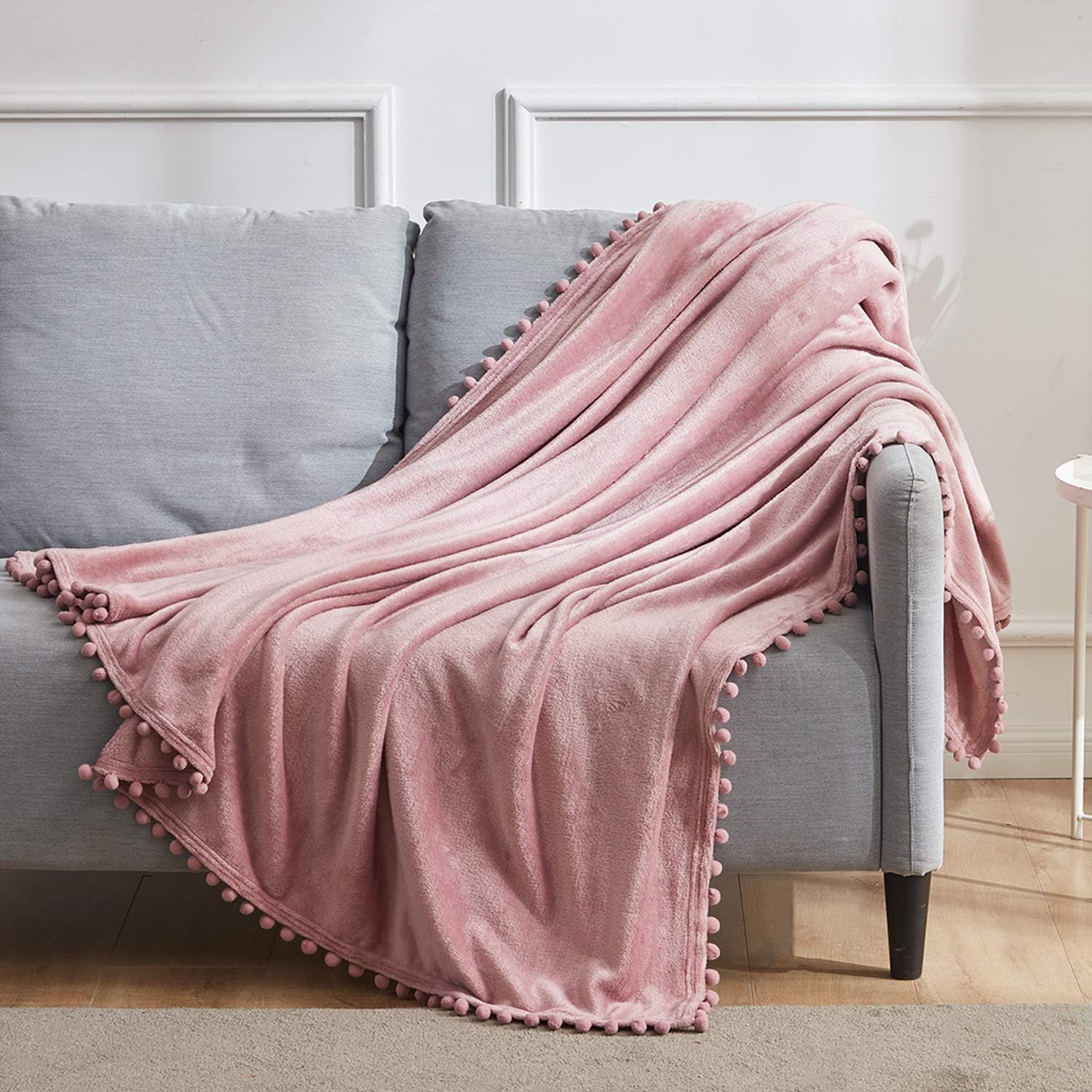 BEAUTEX Fleece Throw Blanket with Pompom Fringe, Dustypink Flannel Blankets and Throws for Couch, Super Soft Cozy Lightweight Plush Throw Blanket (50" x 60"): Home & Kitchen