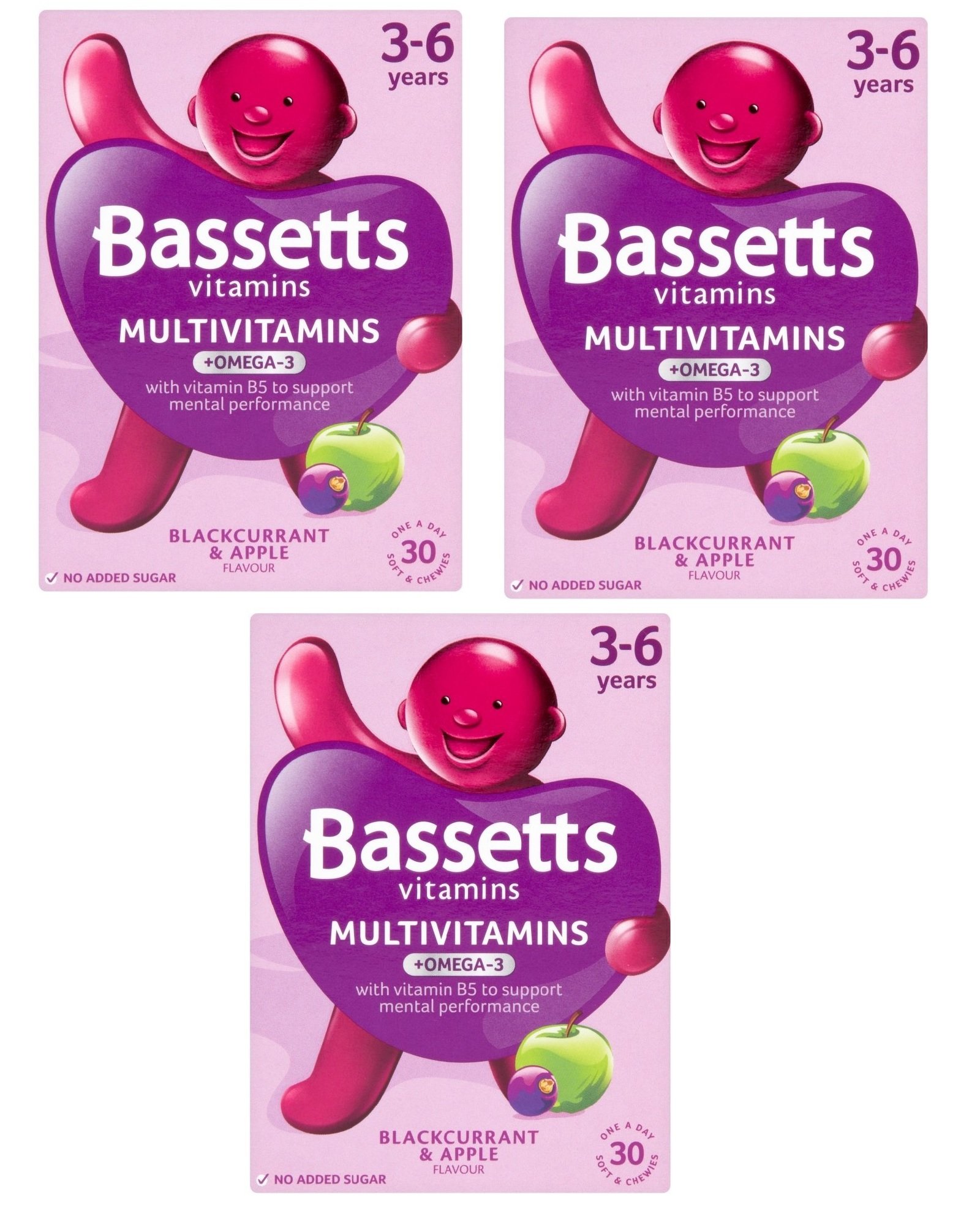 3 X Bassetts 3-6 Years Old Kids Blackcurrant & Apple Flavour Multivitamins Chewies Pack of 30