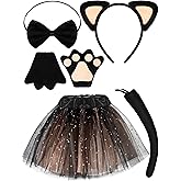 Newcotte 5 Pieces Black Cat Themed Costume Cat Ears Headband Bowtie Tail Gloves Tutu Shirt Halloween Girls Cosplay Set