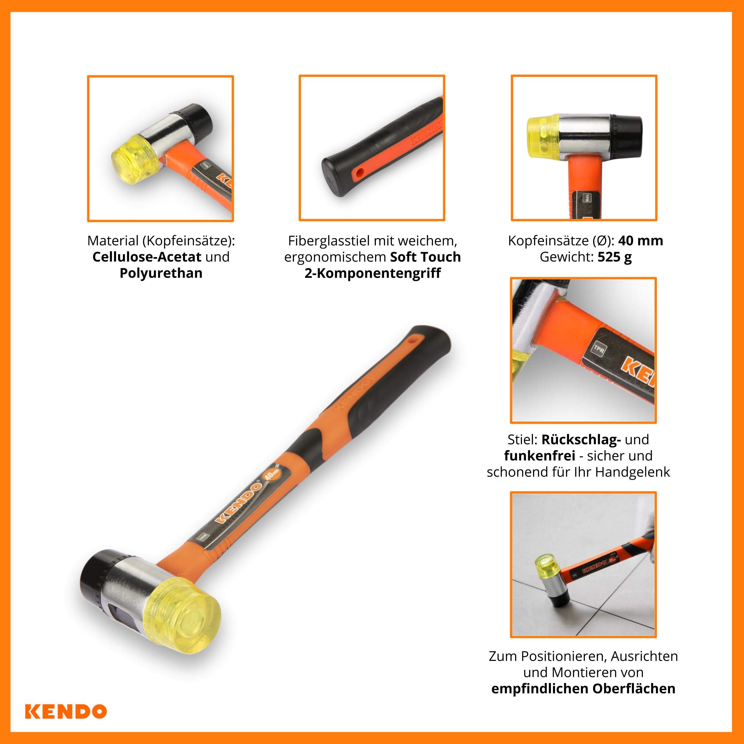 KENDO Schonhammer rückschlagfrei Ø 40 mm – Kunststoffhammer Fiberglasschaft 2