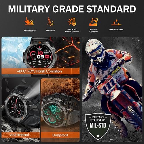 Military Smart Watch for Men with LED Flashlight Rugged 3ATM  Waterproof Smart Watch with 100+ Sports Mod