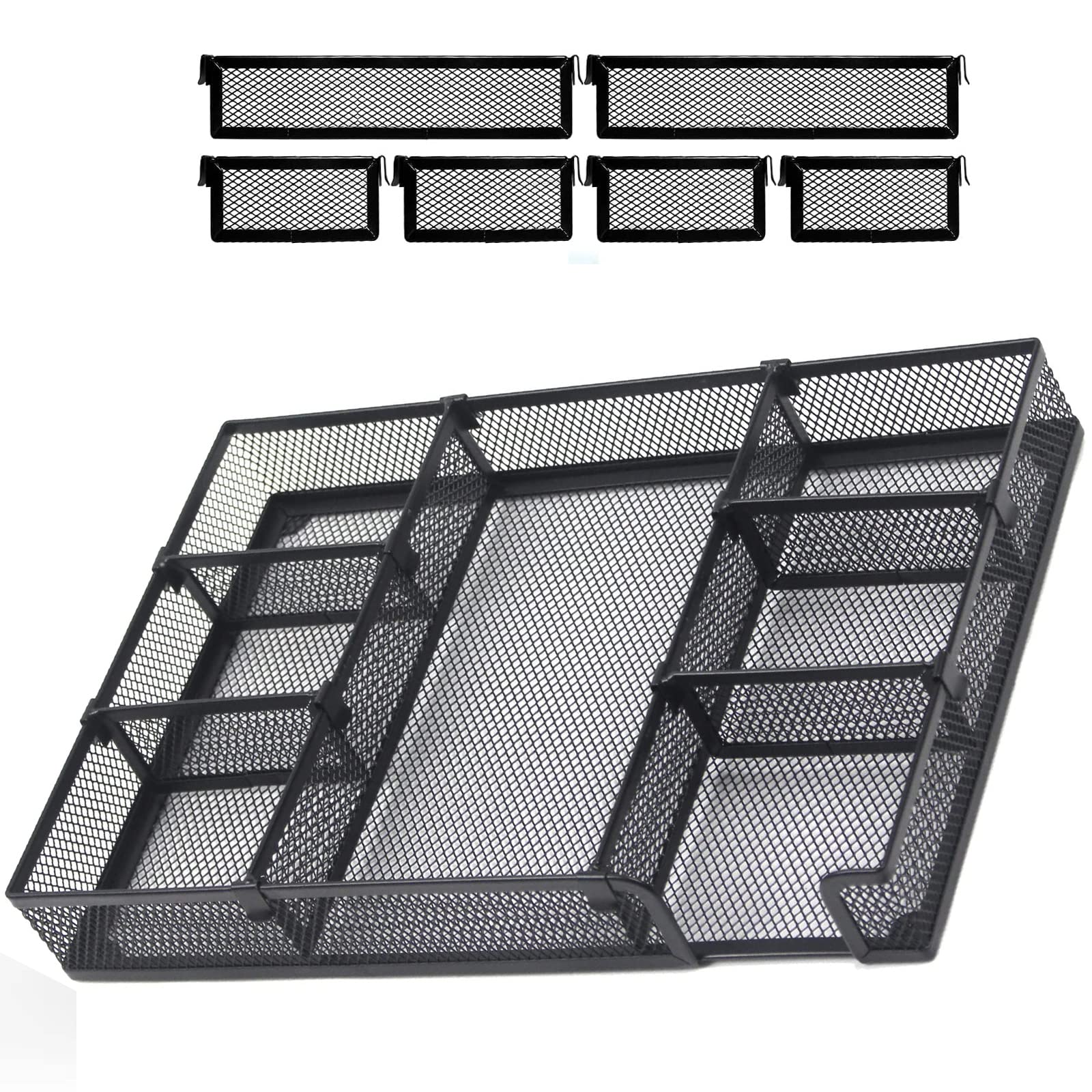HurLuksi Desk Drawer Organiser Tray, Mesh Desks Organisers Tidy, Office Desk Accessories with 6 Adjustable Compartments, 7 Grid Stationary Organiser for Office School Supplies, 12.6 * 8.6 * 1.8 inch