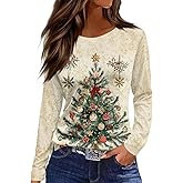 EKIYVO Long Sleeve Christmas Shirts for Women Crew Neck Petite Tops Cotton Casual Ladies Fall Tee Beige Large 362