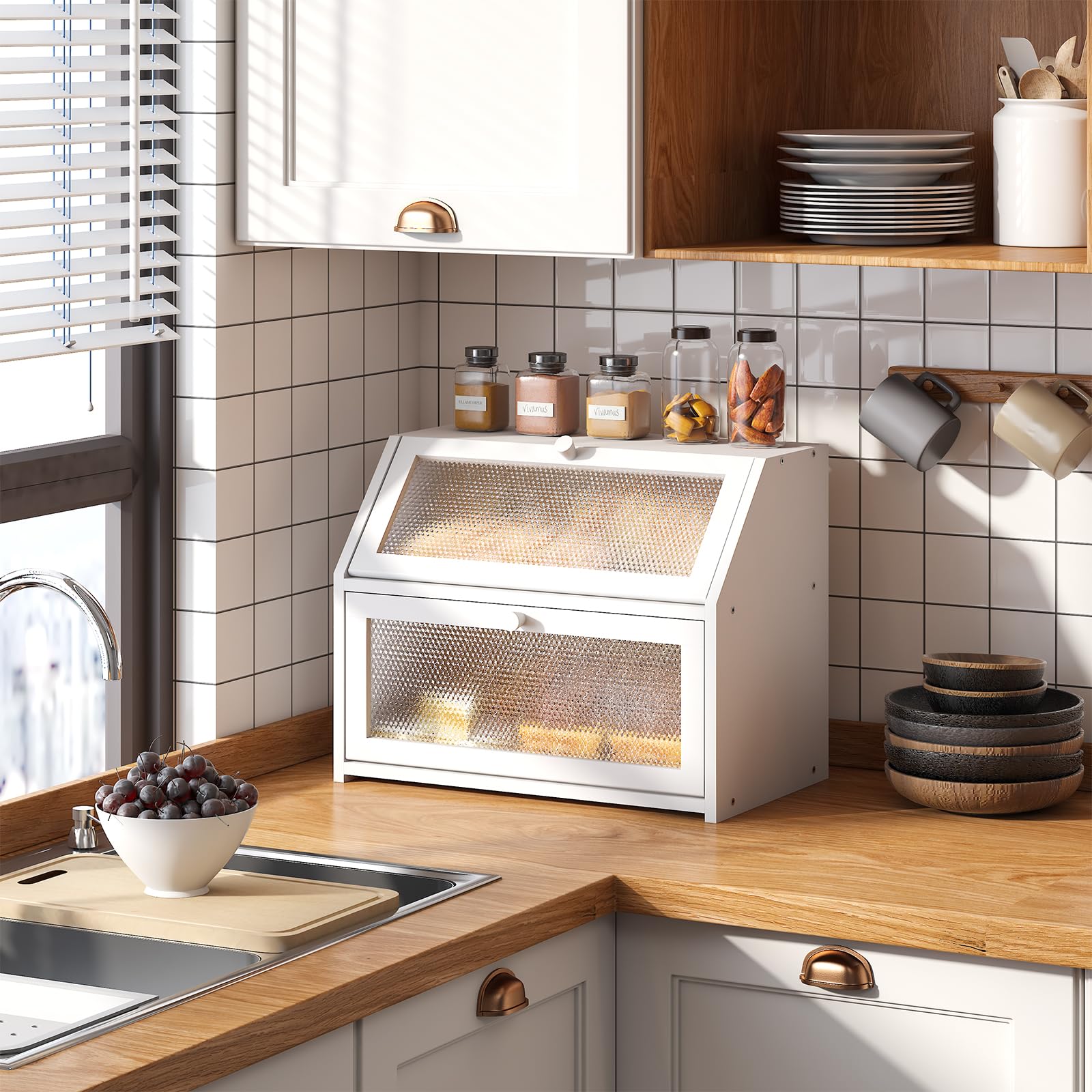 Photo 1 of STDDRE Bread Box for Kitchen Countertop Bin Double Layer Bread Box Storage Container Extra Large Capacity Farmhouse Bread Box with Diamond Pattern Windows (White, Large)