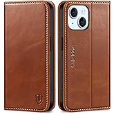 SHIELDON Case for iPhone 15 2023, Genuine Leather Wallet Book Case Magnetic RFID Blocking Credit Card Holder Kickstand Shock Absorbing Cover Compatible with iPhone 15 6.1" - Retro Brown