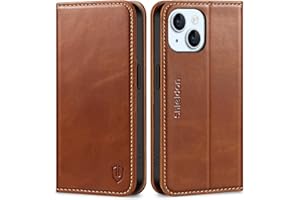 SHIELDON Case for iPhone 15 5G 2023, Genuine Leather Wallet Book Case Magnetic RFID Blocking Credit Card Holder Kickstand Shock Absorbing Case Compatible with iPhone 15 6.1" - Retro Brown