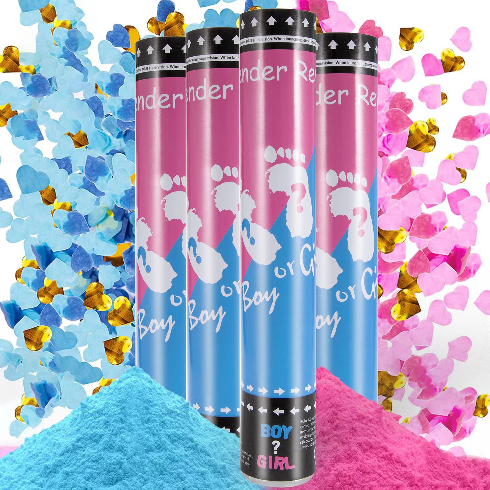 2 Pink + 2 Blue Paper Gender Reveal Confetti Cannons Poppers Celebrate Baby Shower Party Supplies 11 Inch Length Boy or Girl Safe Powder Smoke and Heart Shaped Biodegradable Confetti