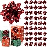Yilloog 48 Pcs Valentines Gift Bow for Gift Wrapping Star Pattern Bulk 4 Inch Xmas Large Ribbon Bows Self Adhesive Color Star Metallic for Holiday Presents Box(​​Wine Red)