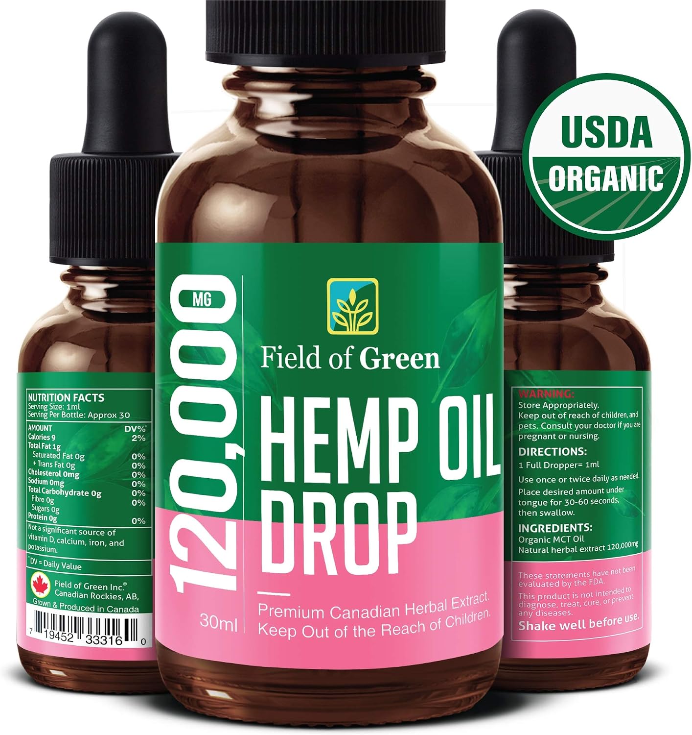 Field of Green Hemp Oil Drops Grown & Made in Canada (120000MG) Anti