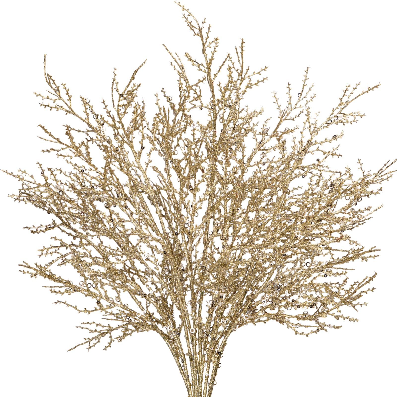 Hollyone 5PCS Glittery Christmas Branches with Sequins, Champagne Gold Arificial Plant with Long Stems, Faux Sticks for Xmas Tree Decorations, Winter Wedding, Floral Arrangement, Party