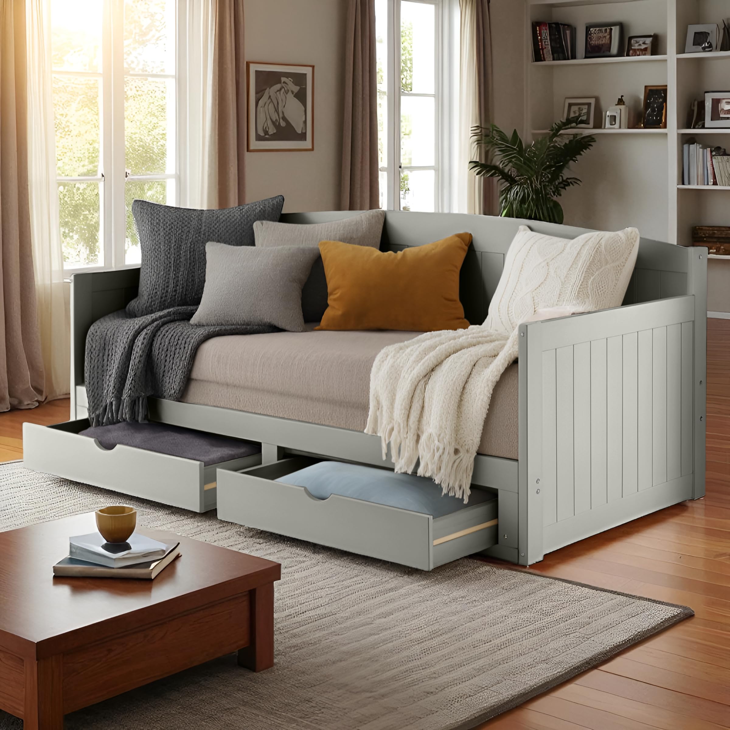 Photo 1 of **BOX A AND B INCLUDED**Alaterre Harmony Wood Daybed with Trundle - Twin Size Day Bed with Two Pull Out Drawers, Brazilian Pine, 440 lbs Capacity - Space Saving Daybed Couch for Kids, Guest Room, Living Room - Dove Gray