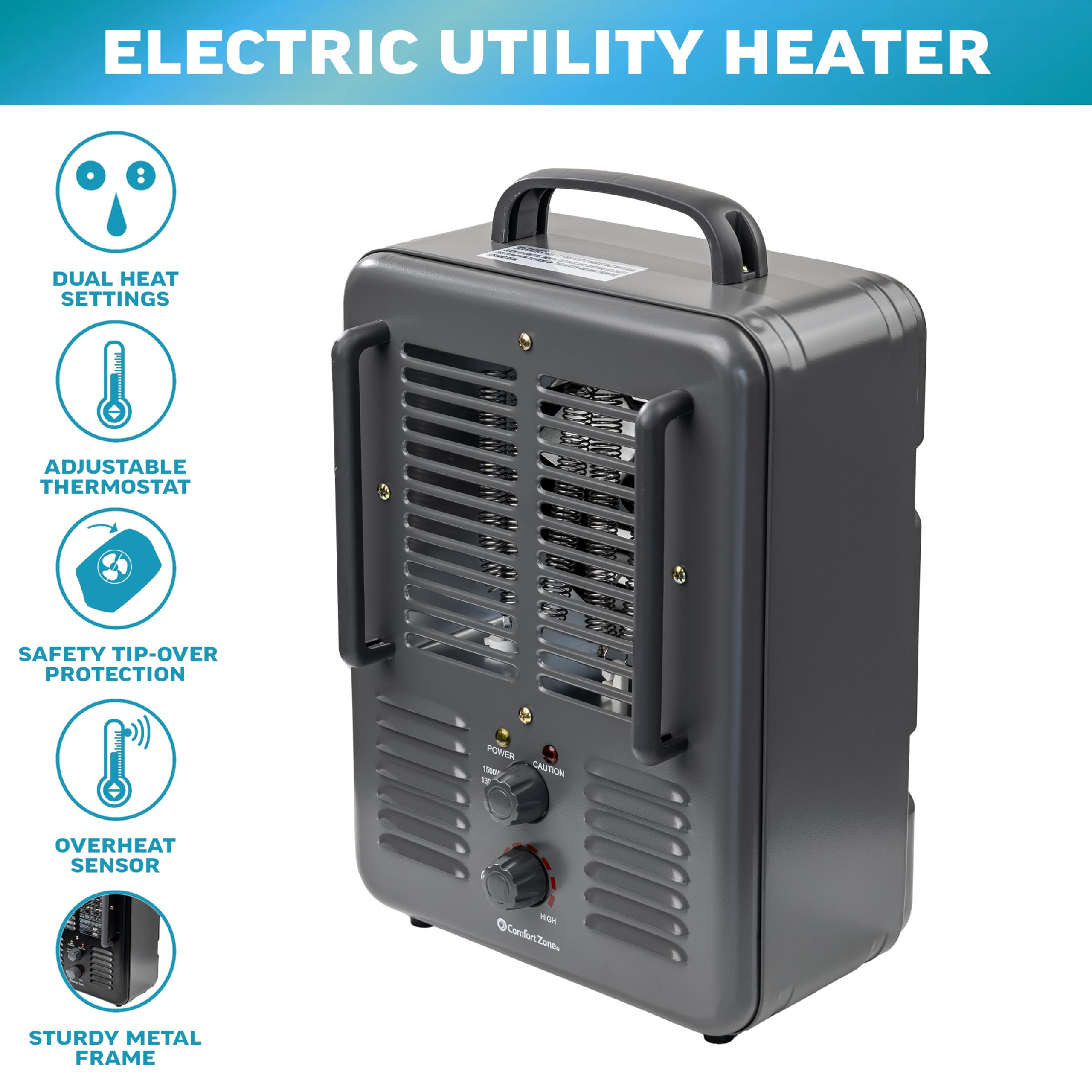 Comfort Zone Electric Portable Milkhouse Style Utility Space Heater with Adjustable Thermostat, Overheat Protection, and Safety Tip-Over Switch, Ideal for Garage or Greenhouse, 1,500W, CZ798
