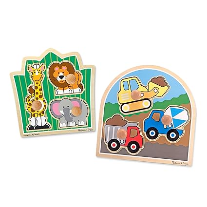 Melissa & Doug Jumbo Knob Wooden Puzzles Set - Construction and Safari