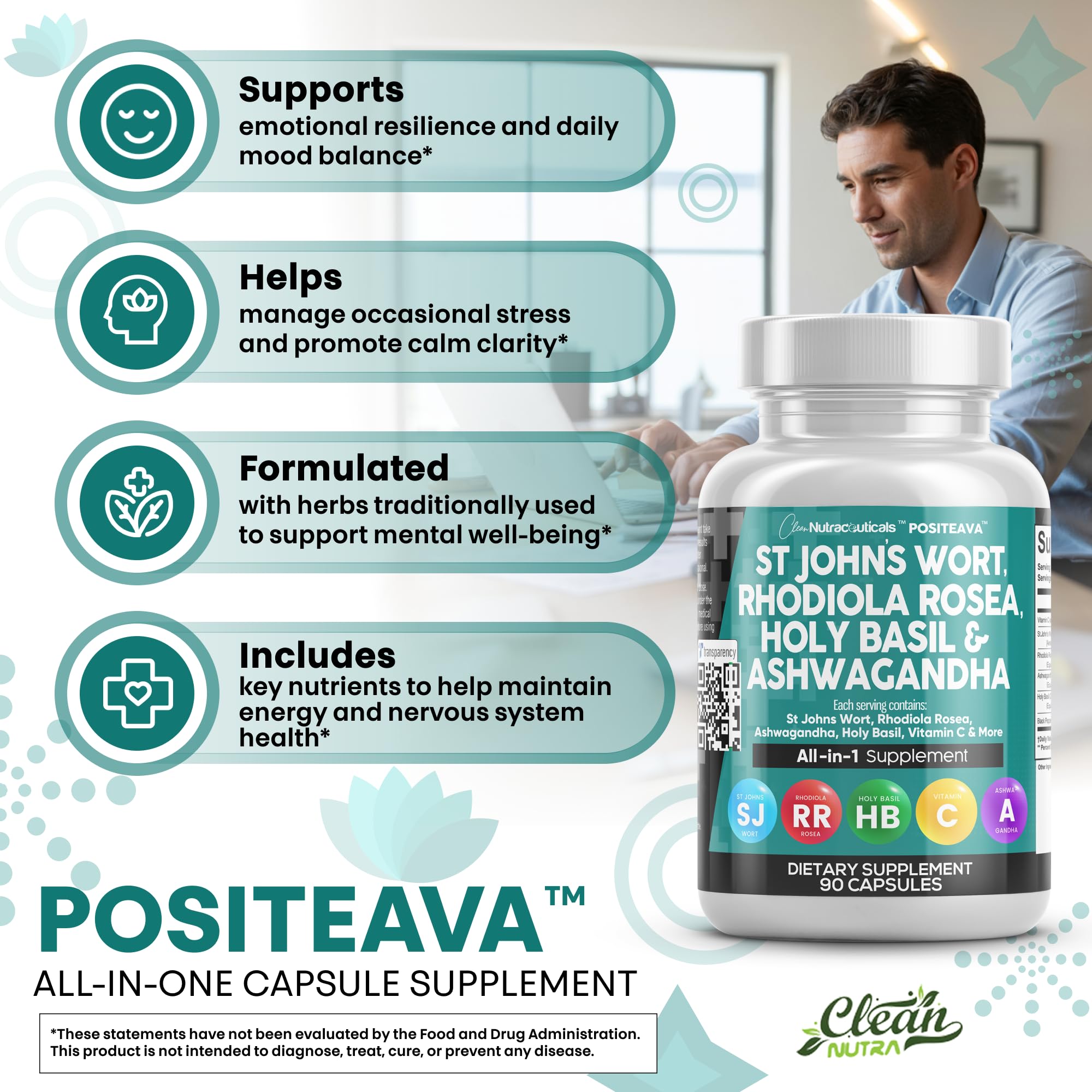 Clean Nutraceuticals St Johns Wort Rhodiola Rosea Holy Basil Ashwagandha - Mood Support for Women and Men with Vitamin C & Black Pepper Extract - 90 Caps