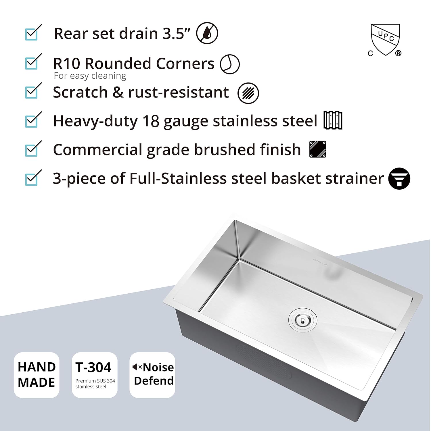 MENSARJOR 27inch Undermount Single Bowl Kitchen Sink 18 Gauge