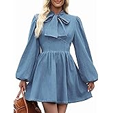 POLIRO Denim Dress for Women, Puff Long Sleeve Jean Dresses Bow Tie Babydoll Denim Mini Dress