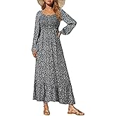 Dokotoo Womens Dresses Spring Summer 2026 Boho Floral Smocked Empire Waist Square Neck Long Sleeve Button Beach Maxi Dress