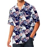 AOBUTE Men July 4th Button Shirts American Flag Hawaiian Shirt Star Stripe Holiday Top