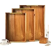 SNAZZORA 3 Pcs Acacia Wood Serving Trays with Golden Steel Handles 18", 16" & 14" with 6 Coasters - for Coffee Table, Ottoman in Living Room, Breakfast in Bed, Jewelry, Decorative, BBQ, Charcuterie