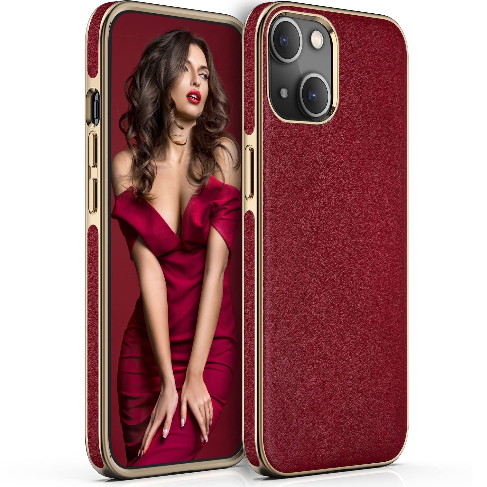 Photo 1 of LOHASIC for iPhone 13 Case for Women, Thin Slim Leather Luxury Elegant PU Soft Non-Slip Grip Shockproof Bumper Full Protective Cover Girls Cute Phone Cases for iPhone 13 5G 6.1" (2021) - Burgundy