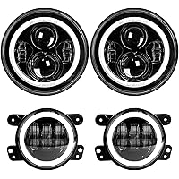 Dot Approved 7inch LED Headlights with White DRL/Amber Turn Signal + 4 inch LED Fog Lights with White DRL Halo Ring for Jeep 