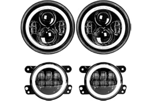 LX-LIGHT Dot Approved 7inch LED Headlights with White DRL/Amber Turn Signal + 4 inch LED Fog Lights with White DRL Halo Ring for Jeep Wrangler 97-2017 JK LJ Tj