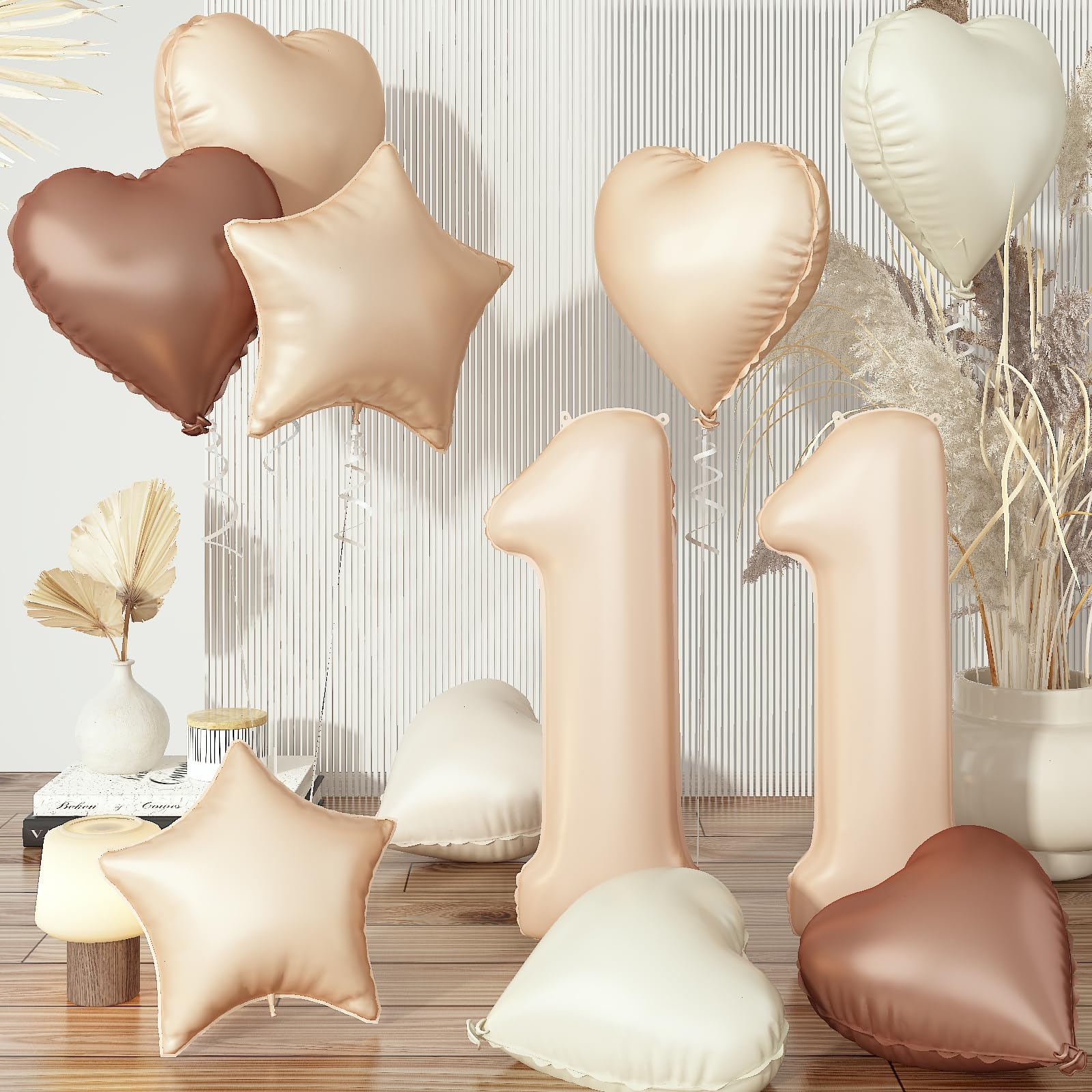 Nude 11 Balloons Set, 40 Inch Retro Apricot Foil Number 11 Balloon Decor, Neutral Heart Balloon Brown Tan Taupe Star Helium Heart Balloon for Girls 11th Birthday Party Wedding Decoration Supplies