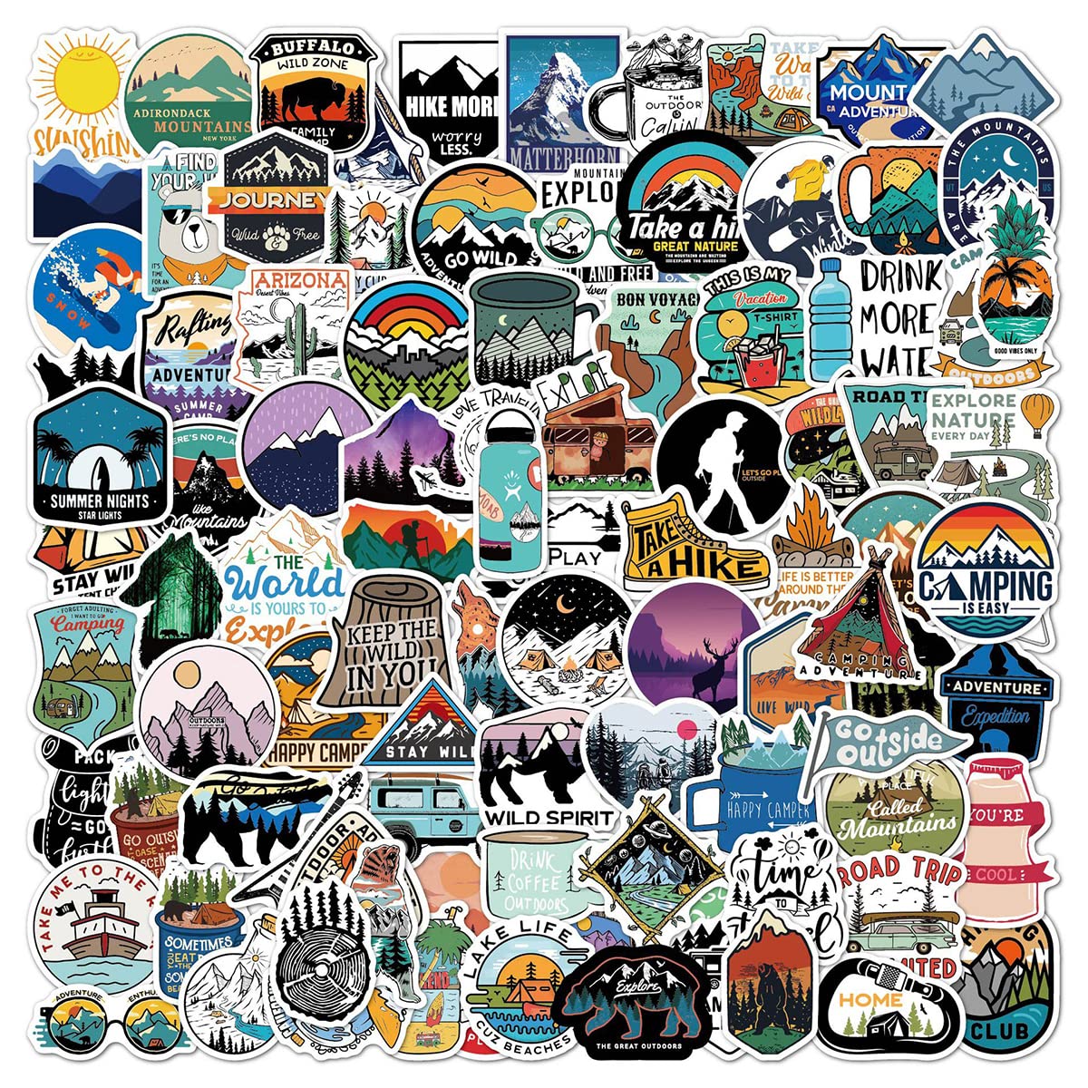 100 PCS Outdoor Camping Stickers Jagowa Camping Hiking Stickers Waterproof Decals for Laptop Water Bottles Skateboard DIY Craft