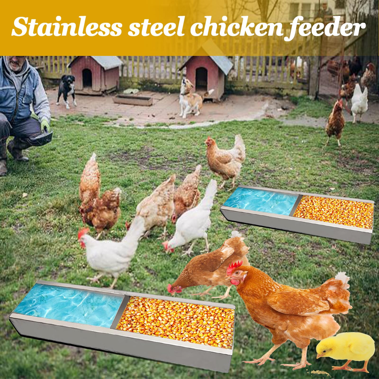 Condition photo showing New/Like New for 2 pack multifunctional chicken feeder, hanging chicken feed trough, stainless steel trough, chicken
